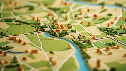 Fototapeta premium Colorful 3D map depicting rural landscape with roads, rivers, fields, and small buildings