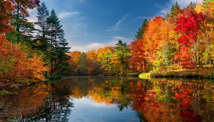 Fototapeta premium A tranquil forest pond is surrounded by colorful autumn trees whose vibrant hues are reflec_1(179)