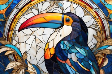 Fototapeta premium Fantasy abstract portrait of a colorful tropical exotic toucan bird animal with a colorful stained glass decoration. 