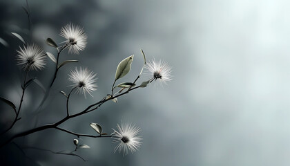 Delicate white blossoms adorned with feathery tufts softly illuminated in twilight haze