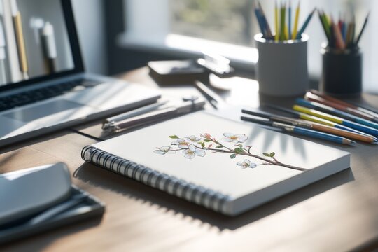 An artist's desk captures a drawing of flowers in a sketchpad surrounded by colored pencils, emphasizing creativity and natural light.