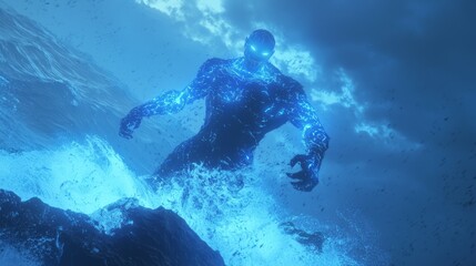 Shadowed Dominion - A Majestic Dark Fantasy 3D Render of a Glowing Tattooed Being on Cliff Edge with Tumultuous Sea and Storm Clouds | Ultra-Detailed Digital Artwork