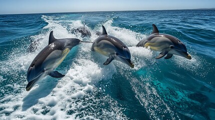 Dolphins Surfing Bow Wave of Boat in Clear Water