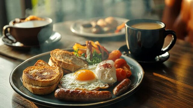 Freshly prepared halal breakfast items like eggs, sausages, and bread, arranged on a plate with a steaming cup of coffee in a cozy cafe