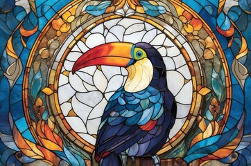 Fantasy abstract portrait of a colorful tropical exotic toucan bird animal with a colorful stained glass decoration.
