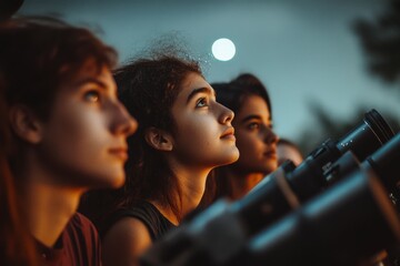 Group of young stargazers focused intently on the night sky, captivated by the soothing glow of the distant celestial bodies.