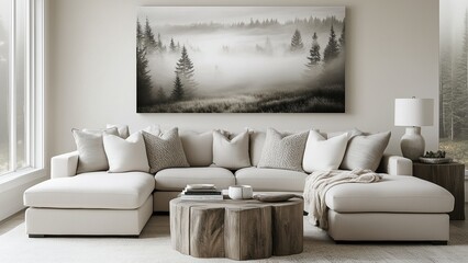 A serene living room with neutral tones, a plush sectional sofa, and a panoramic artwork above it showcasing a misty forest in grayscale, diffused sunlight creating a peaceful, ethereal ambiance