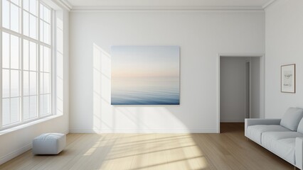 Fototapeta premium A spacious minimalist living room with white walls, a single large painting depicting a calm ocean horizon in pastel hues, sunlight reflecting gently off polished wooden floors, creating peaceful vibe