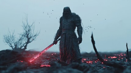 Malevolent Monstrous Warrior in Desolate Burnt Landscape - Dark Fantasy 3D Render Digital Artwork with Gnarled Sword and Falling Ash