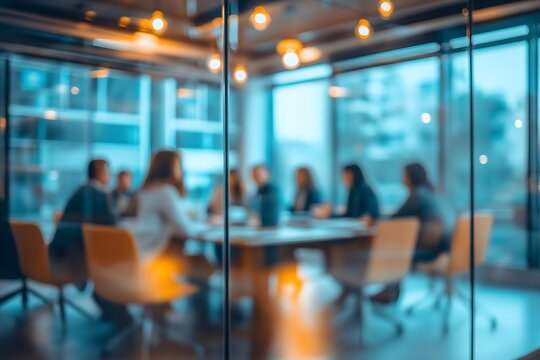 Out of focus businesspeople gathered in a modern conference room, glass walls, urban office backdrop, motion blur Business concept, motion bokeh background