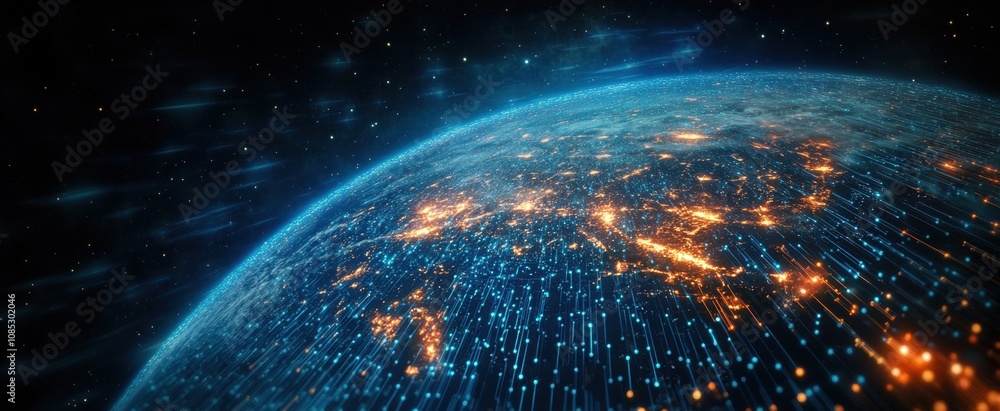 Poster stunning view of earth from space with brightly lit cities and data streaming line effect in a deep 