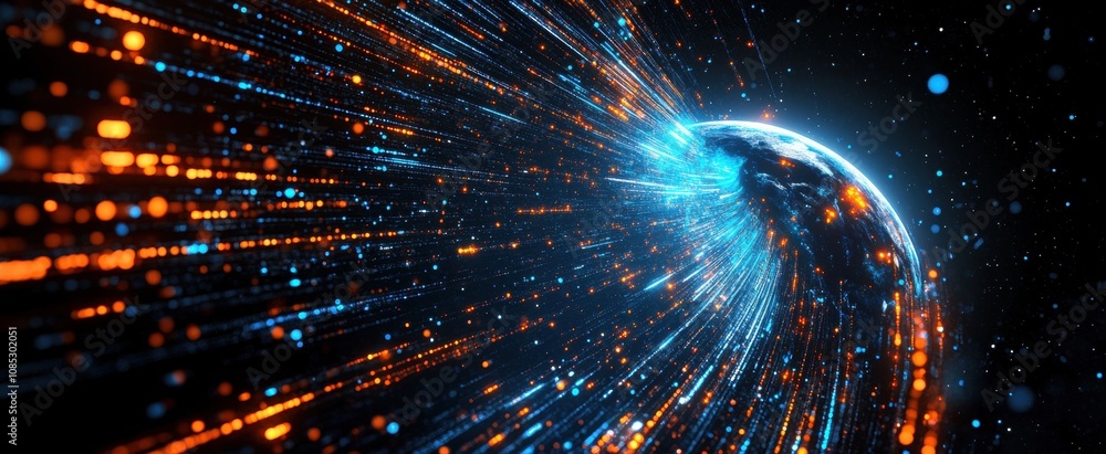 Aufkleber futuristic digital concept of earth surrounded by vibrant light trails and energy streams representi