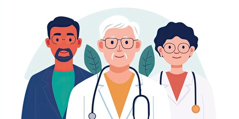 Fototapeta premium A diverse trio of healthcare professionals smiling, representing unity in medicine with a backdrop of green leaves.