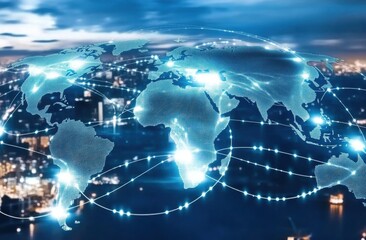 Futuristic Global Network Visualization with Bright Connections Over Earth at Night Viewing City Lights in Background, Symbolizing Technology and Communication