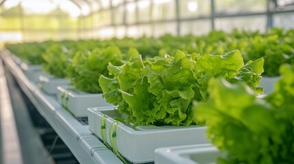 Hydroponic system growing fresh green lettuce in greenhouse,