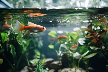 A vibrant underwater scene in an aquarium showcases goldfish swimming among lush plants, capturing the essence of a thriving aquatic ecosystem.