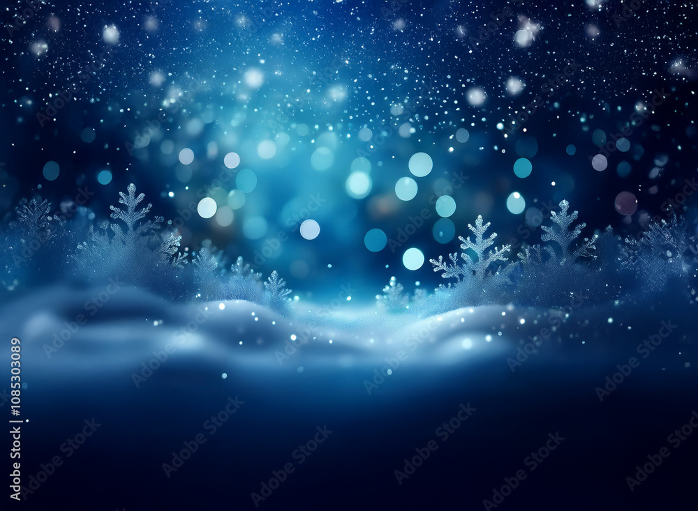 Aufkleber A serene winter landscape, bathed in cool blue light.  Snow-covered hills and frosted trees create a magical, dreamy atmosphere under a falling snow.  Sparkling bokeh adds to the festive feel.