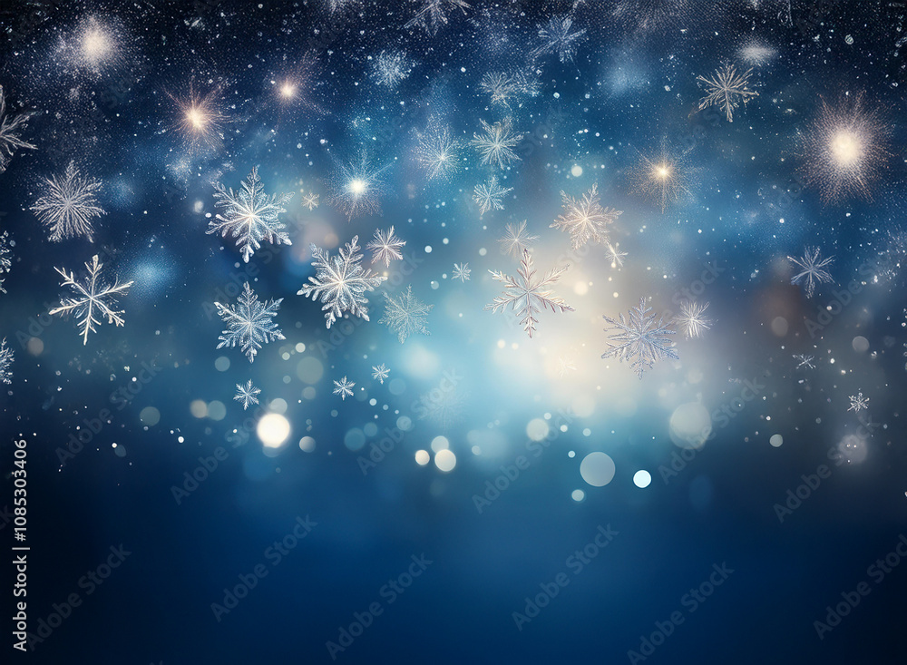 Poster a mesmerizing winter scene. falling snowflakes and shimmering lights create a magical, frosty ambian