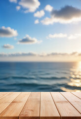 light wooden board and beautiful seascape with sunlight and clouds