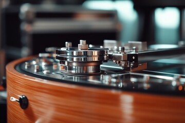 A close-up of a sleek, modern turntable with wooden accents, capturing the essence of high-fidelity audio and stylish design.