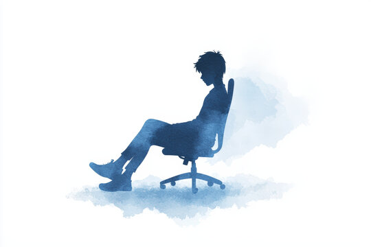 silhouette of person feeling lazy, slouched on chair, conveying sense of relaxation and calmness. blue watercolor effect adds soothing touch to image