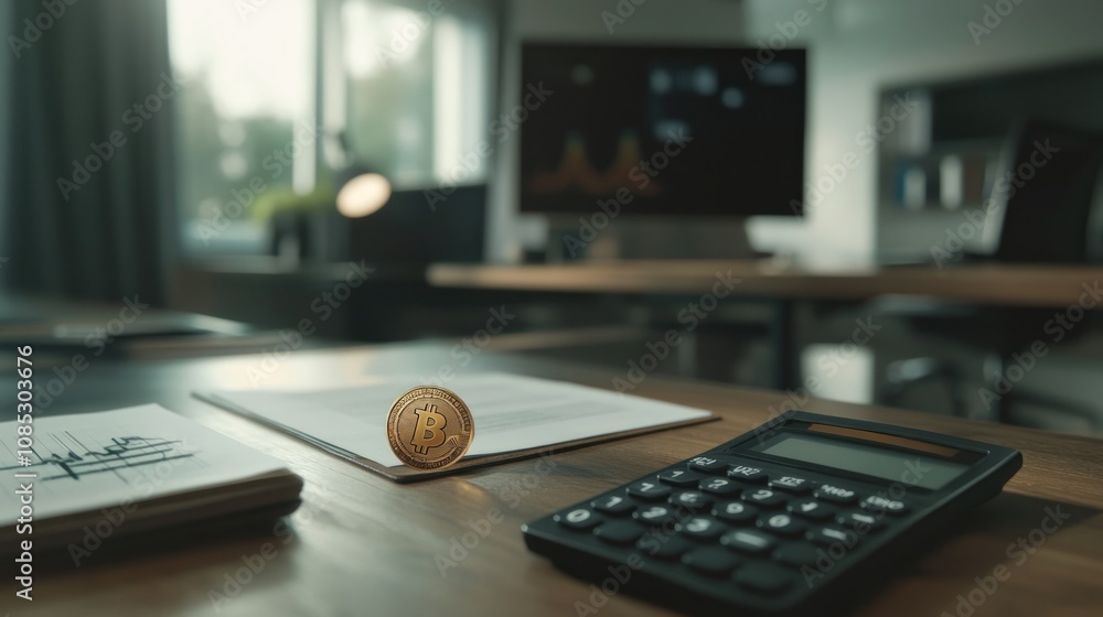 Poster a bitcoin sits on a desk next to papers and a calculator in a modern office setting.