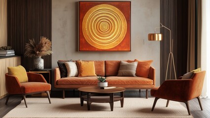 A living room styled with mid-century modern furniture, featuring a wall-mounted art piece of concentric circles in warm sunset hues, complemented by soft lighting from a vintage floor lamp