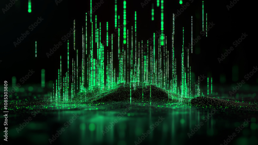 Poster green digital data streams creating futuristic landscape effect