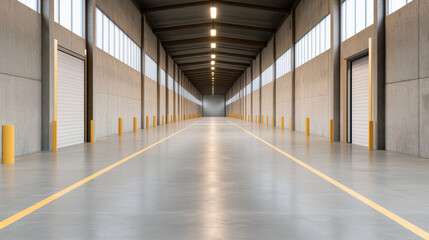 Naklejka premium Futuristic warehouse interior with high ceilings, concrete walls, and bright lighting. spacious design features yellow safety poles and large roll up doors, creating modern industrial atmosphere