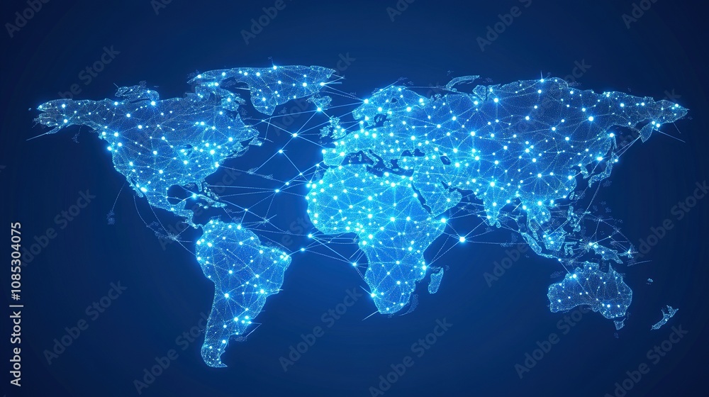 Poster digital world map with network connections representing global communication and data flow, highligh
