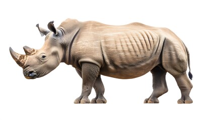 Obraz premium A large white rhinoceros stands isolated on a white background