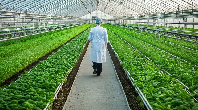 Agricultural technician walking in greenhouse inspecting lettuces growing