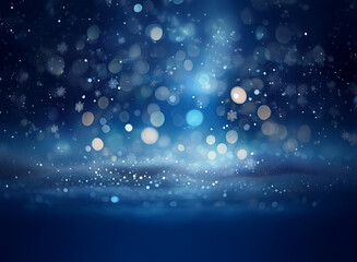 Fototapeta premium Magical winter night scene. Shimmering blue bokeh lights, falling snowflakes, and a snowy ground create a dreamy, festive atmosphere.