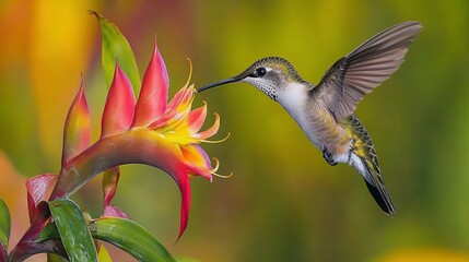 Fototapeta premium Hummingbird Feeding on Bird-of-Paradise Flower in Tropical Environment