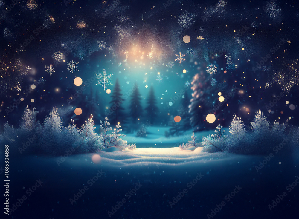 Poster magical winter wonderland scene. snow-covered forest path leads to a glowing light amidst falling sn