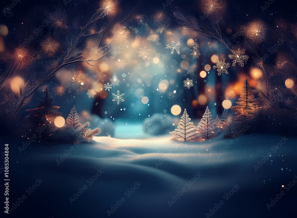 Poster enchanted winter scene: sparkling snowflakes fall in a magical forest, illuminated by warm light. sn