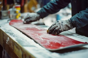 Hands meticulously waxing a snowboard amidst a flurry of snowflakes, setting the stage for an exhilarating day on the slopes.