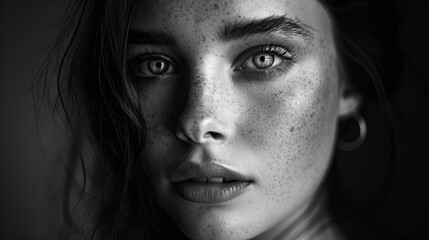 Fototapeta premium Close-up Monochromatic Portrait of a Woman with Freckles and an Earring, Black and White Photography, Female Portrait, Face, Expression, Black and White, Portrait Photography
