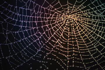Obraz premium A spider web glistening with dew drops, illuminated against a dark background, symbolizing nature's artistry and fragility.