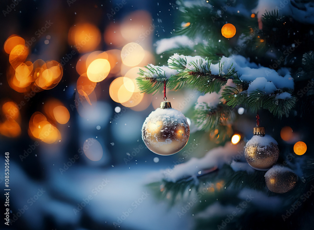 Poster A snow-dusted evergreen branch adorned with shimmering gold ornaments. Warm bokeh lights create a magical winter scene, hinting at a cozy holiday celebration.