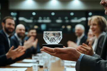A sharply dressed hand holds a glass award amid clapping professionals, symbolizing victory and recognition in a corporate environment.