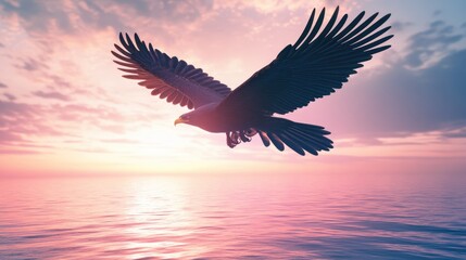 Eagle Soaring Through a Pink Sunset