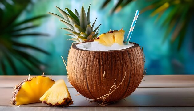  Coconut water with pineapple is served chilled in a coconut shell with a straw for a refres_1(233)