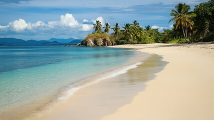 Sandy tropical palm beach with island on background illustration. 8k Resolution