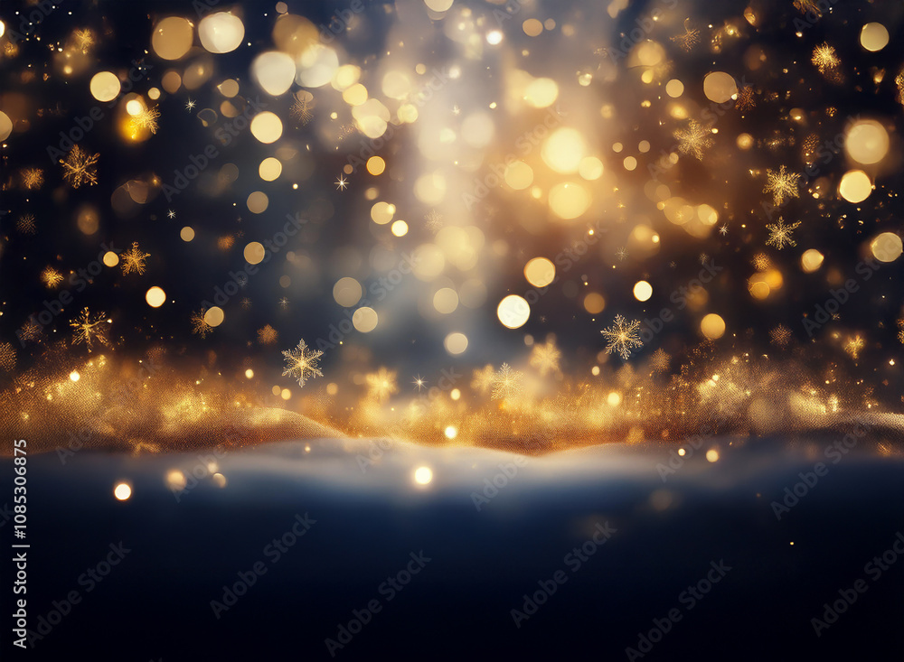 Aufkleber magical winter scene with golden lights and snowflakes falling on a snowy landscape. a dark blue bac