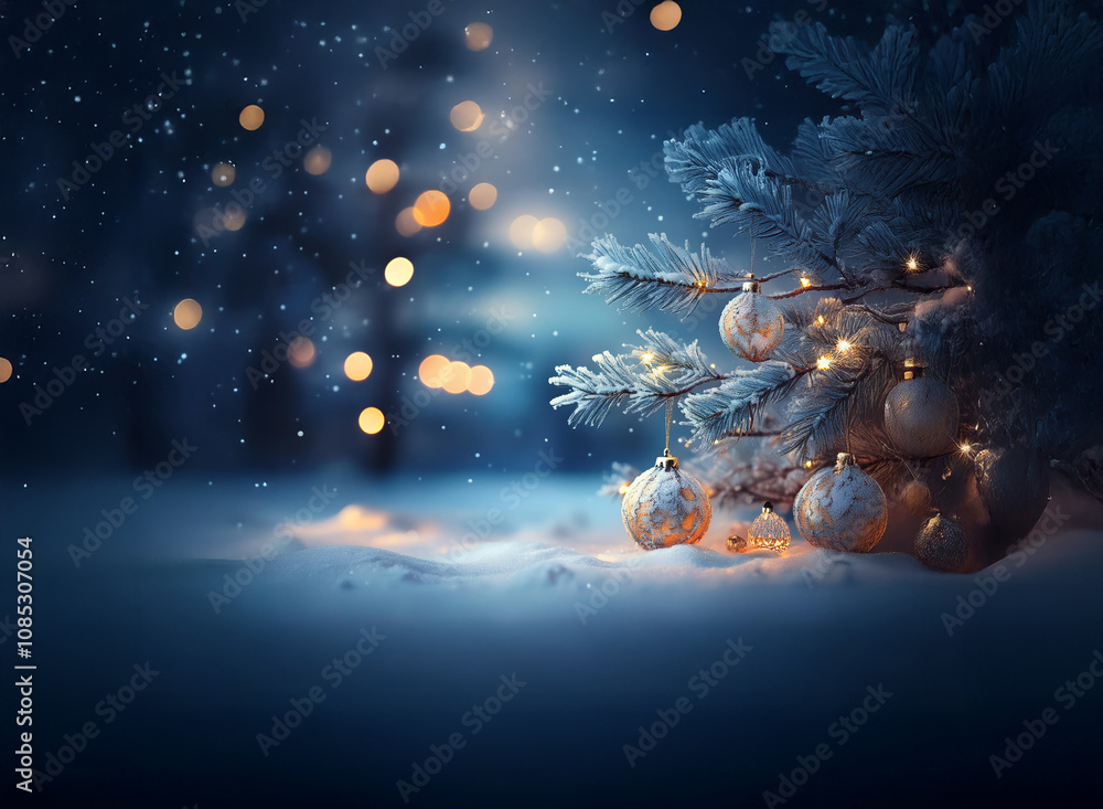 Poster a snowy winter night scene features a small, snow-covered evergreen tree adorned with warm-toned orn
