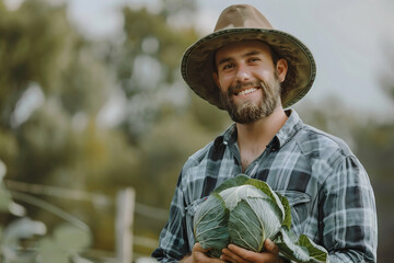Farmer's Pride: A portrait of a bearded man in a plaid shirt and a cowboy hat, radiating pride and contentment as he holds a fresh cabbage.