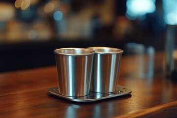 Two silvery metallic cups rest casually atop a wooden counter, exuding minimalistic elegance and reflecting the soft ambient light.