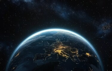 Obraz premium Stunning Aerial View of Earth at Night Showcasing Continent of Europe with Twinkling City Lights, Space Background and Starry Sky