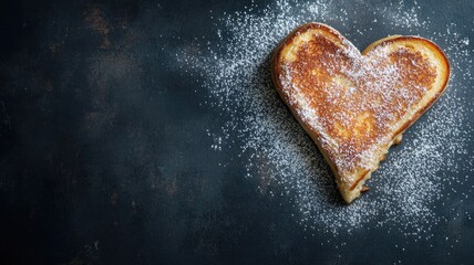 Obraz premium Heart-shaped toast with powdered sugar on black background evoking cozy breakfast vibes